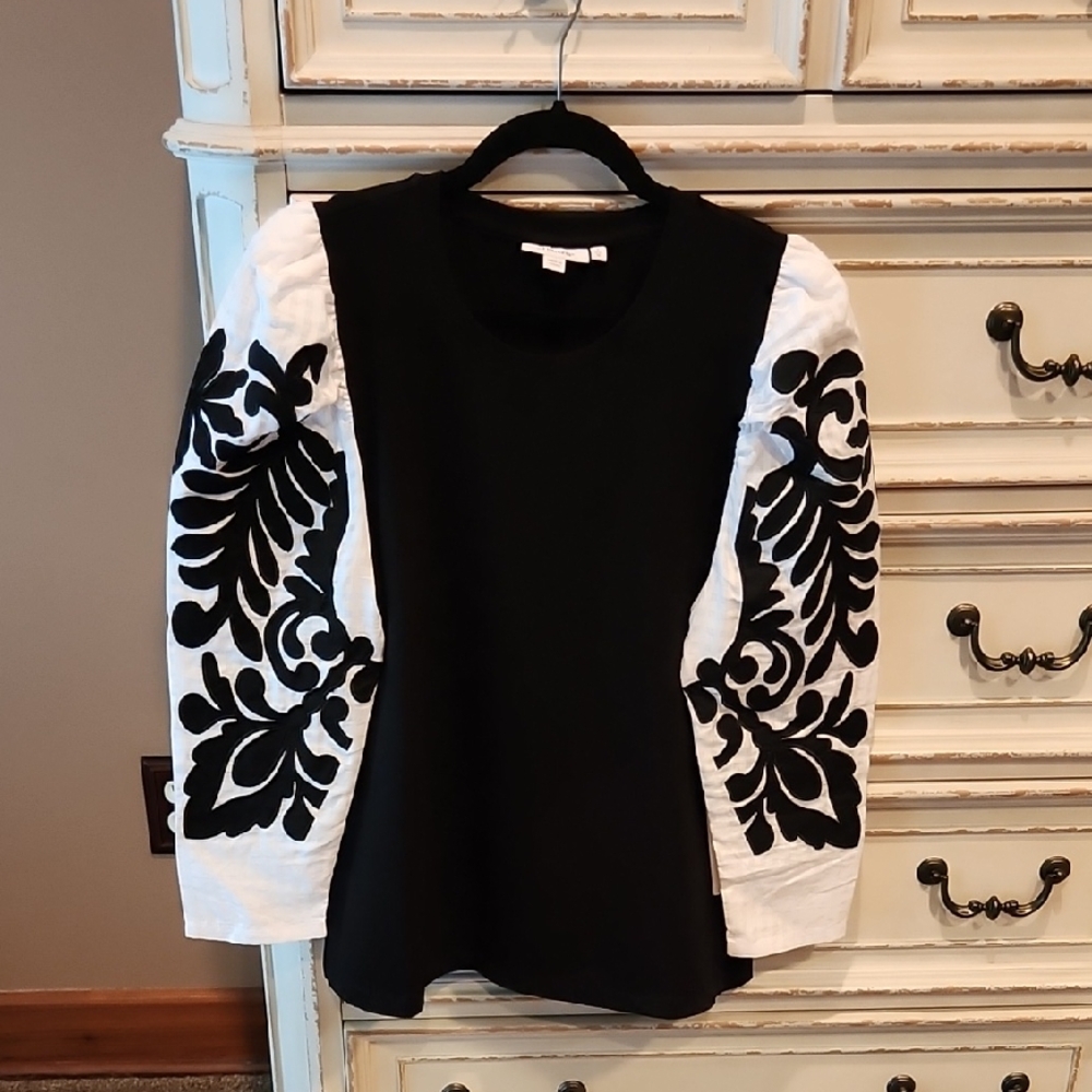 Chico's Black and White Blouse with Embroidered Sleeves